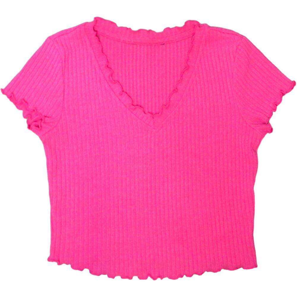 Y2k Baby Tee V-Neck Short Sleeve Crop Top Ribbed Shirt Stretch Pink Size Small